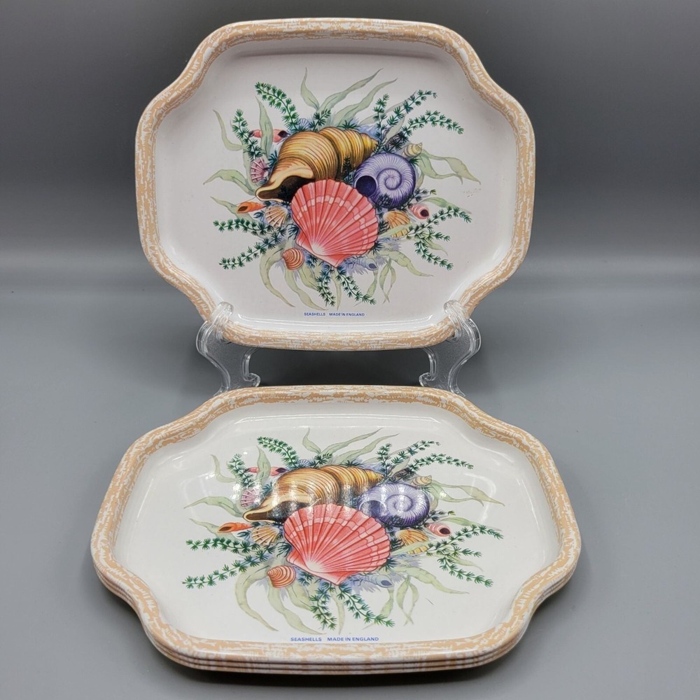 Vtg Set Of 4 Elite Trays Seashell Design Made In England Decorative Rectangular